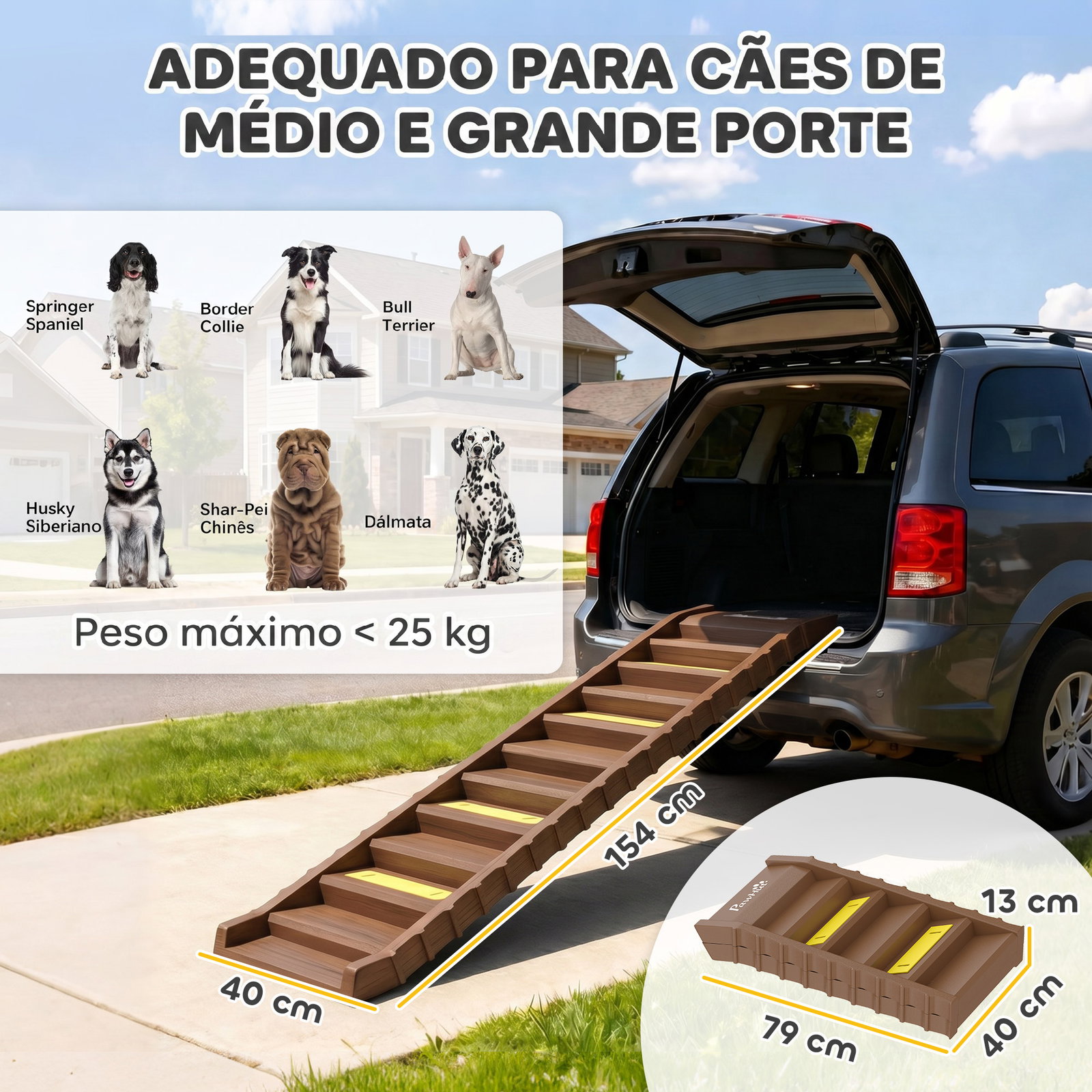 Rampa dobrável para cães 154 cm para carro e cama com 10 degraus antiderrapantes, até 68 kg, castanho