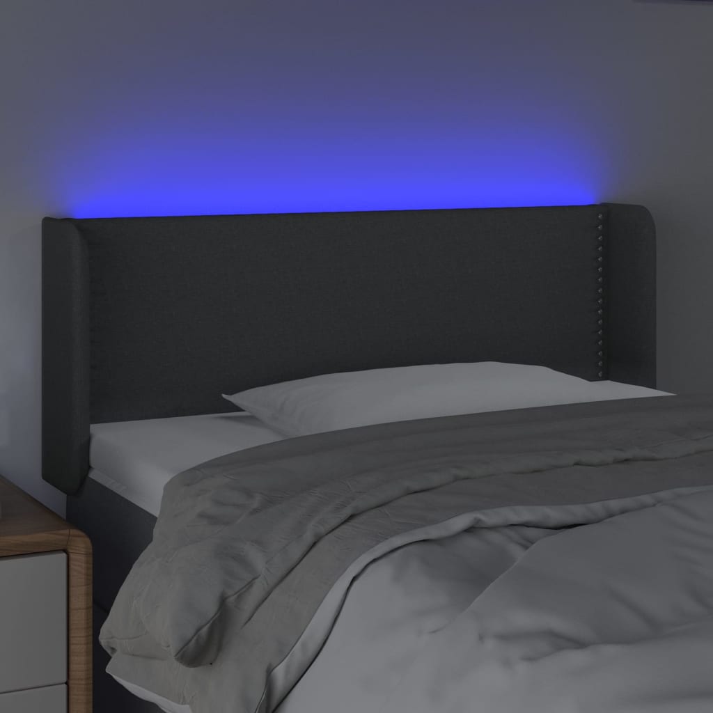 Cabeceira cama c/ luzes LED tecido 83x16x78/88cm cinza-escuro