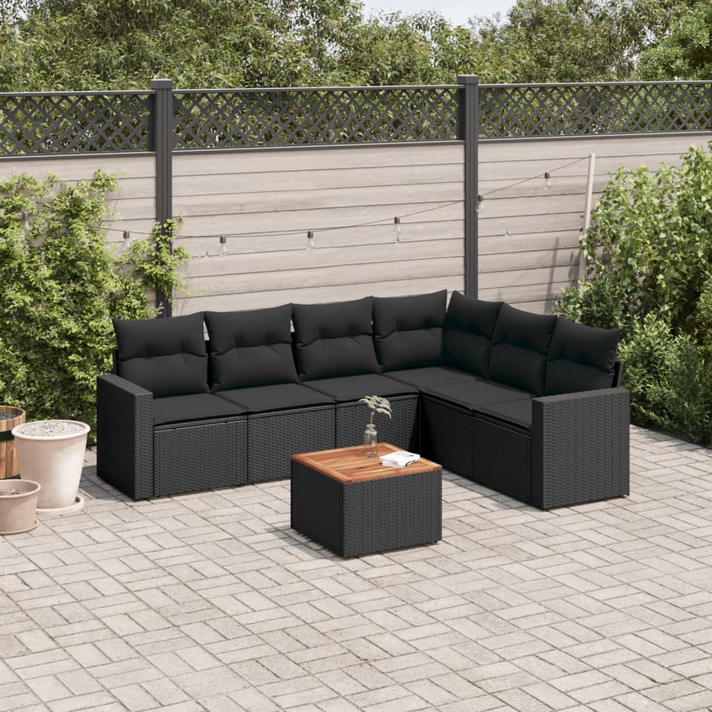 7 Pcs conjunto de sofás p/ jardim c/ almofadões vime PE preto