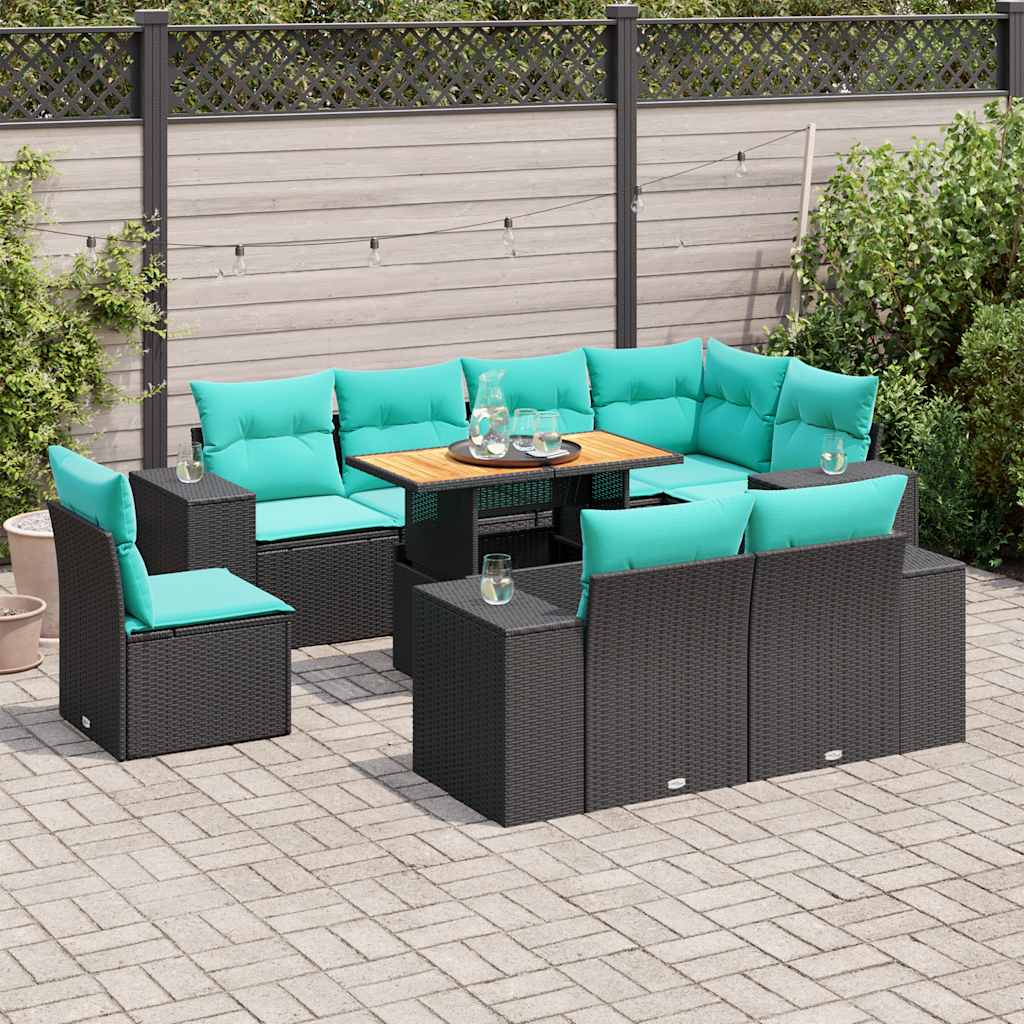 9 Pcs conjunto de sofás p/ jardim c/ almofadões vime PE preto