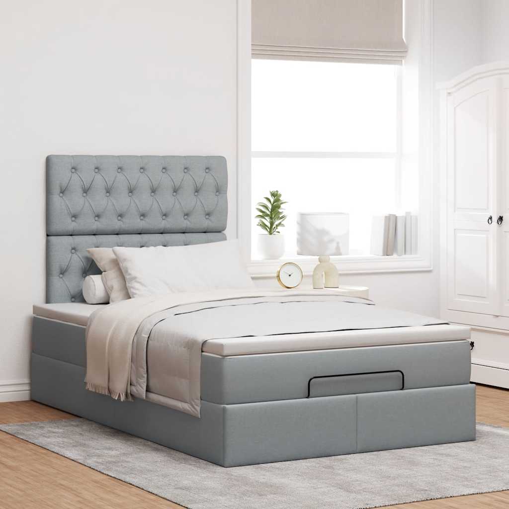 Estrutura de cama otomana com colchão cinza claro tecido