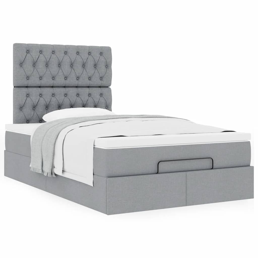 Estrutura de cama otomana com colchão cinza claro tecido