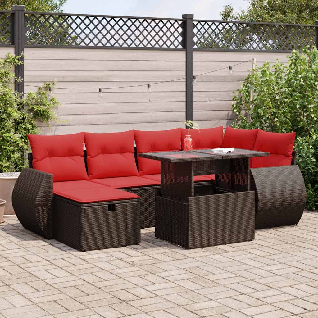 7 Pcs conjunto sofás jardim c/ almofadões vime PE castanho