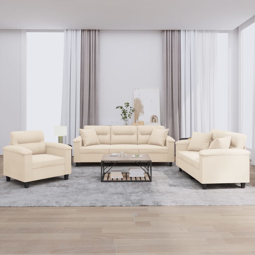 3 Pcs conjunto sofás c/ almofadas tecido de microfibra bege