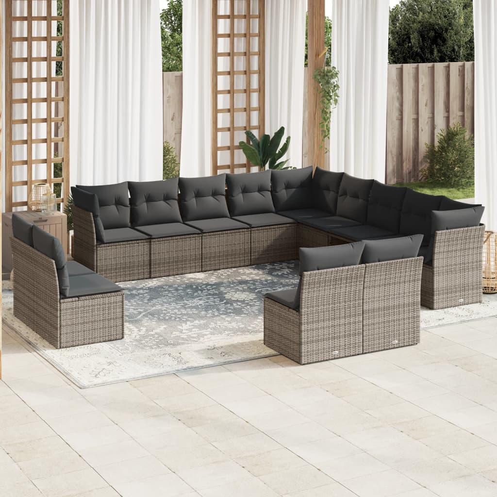 13 Pcs conjunto sofás p/ jardim c/ almofadões vime PE cinzento
