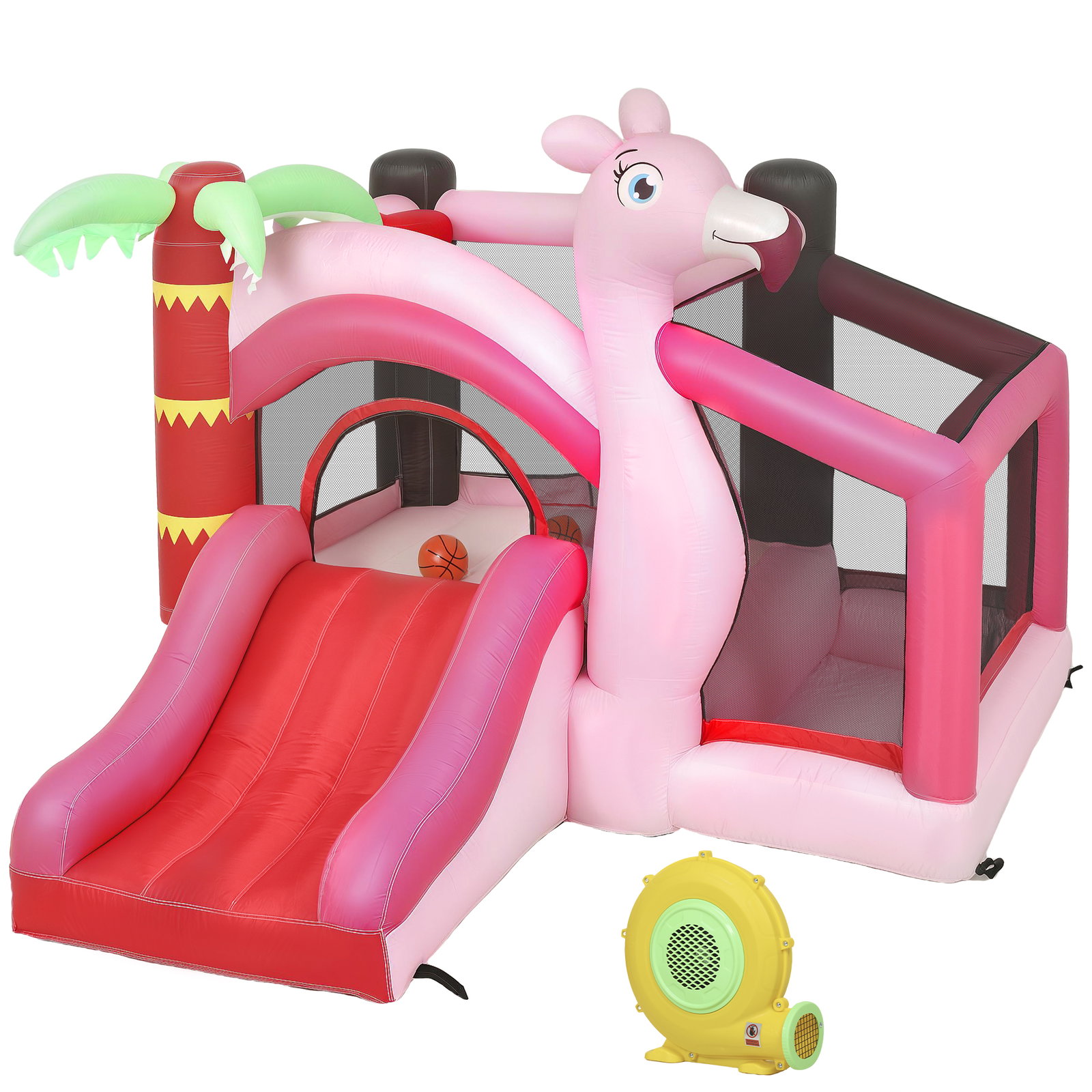 Castelo insuflável para crianças com insuflador escorrega cama elástica piscina de bolas cesto de basquetebol 255x230x196 cm rosa