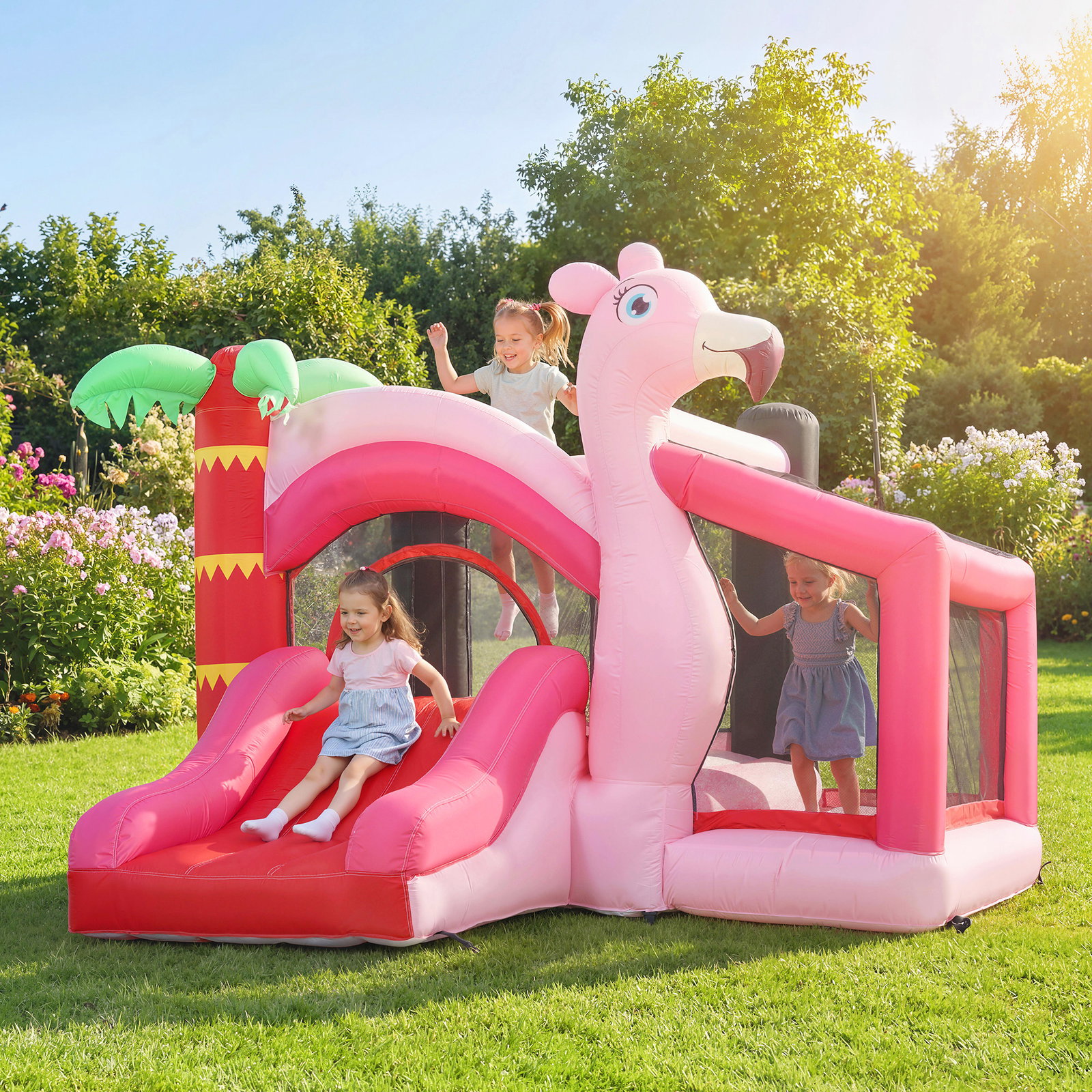 Castelo insuflável para crianças com insuflador escorrega cama elástica piscina de bolas cesto de basquetebol 255x230x196 cm rosa