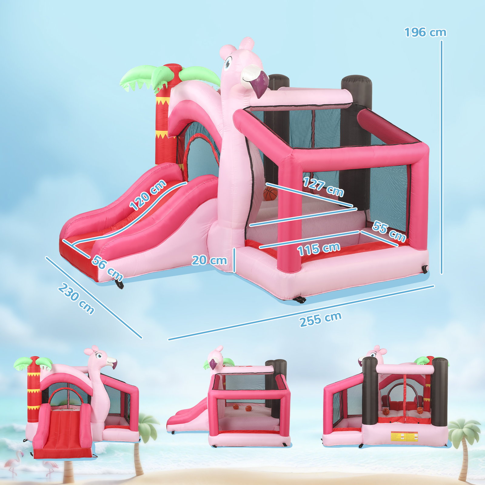 Castelo insuflável para crianças com insuflador escorrega cama elástica piscina de bolas cesto de basquetebol 255x230x196 cm rosa