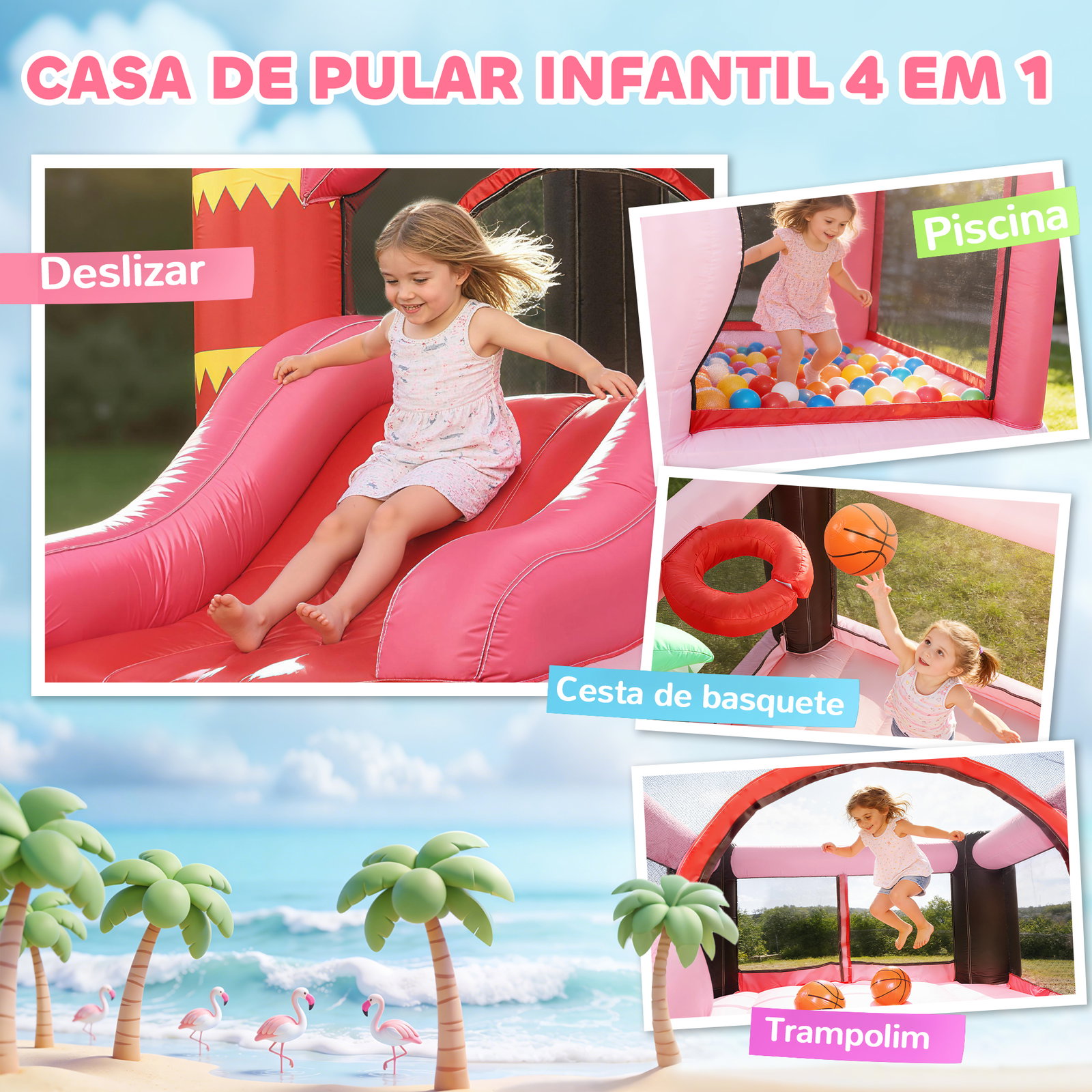 Castelo insuflável para crianças com insuflador escorrega cama elástica piscina de bolas cesto de basquetebol 255x230x196 cm rosa