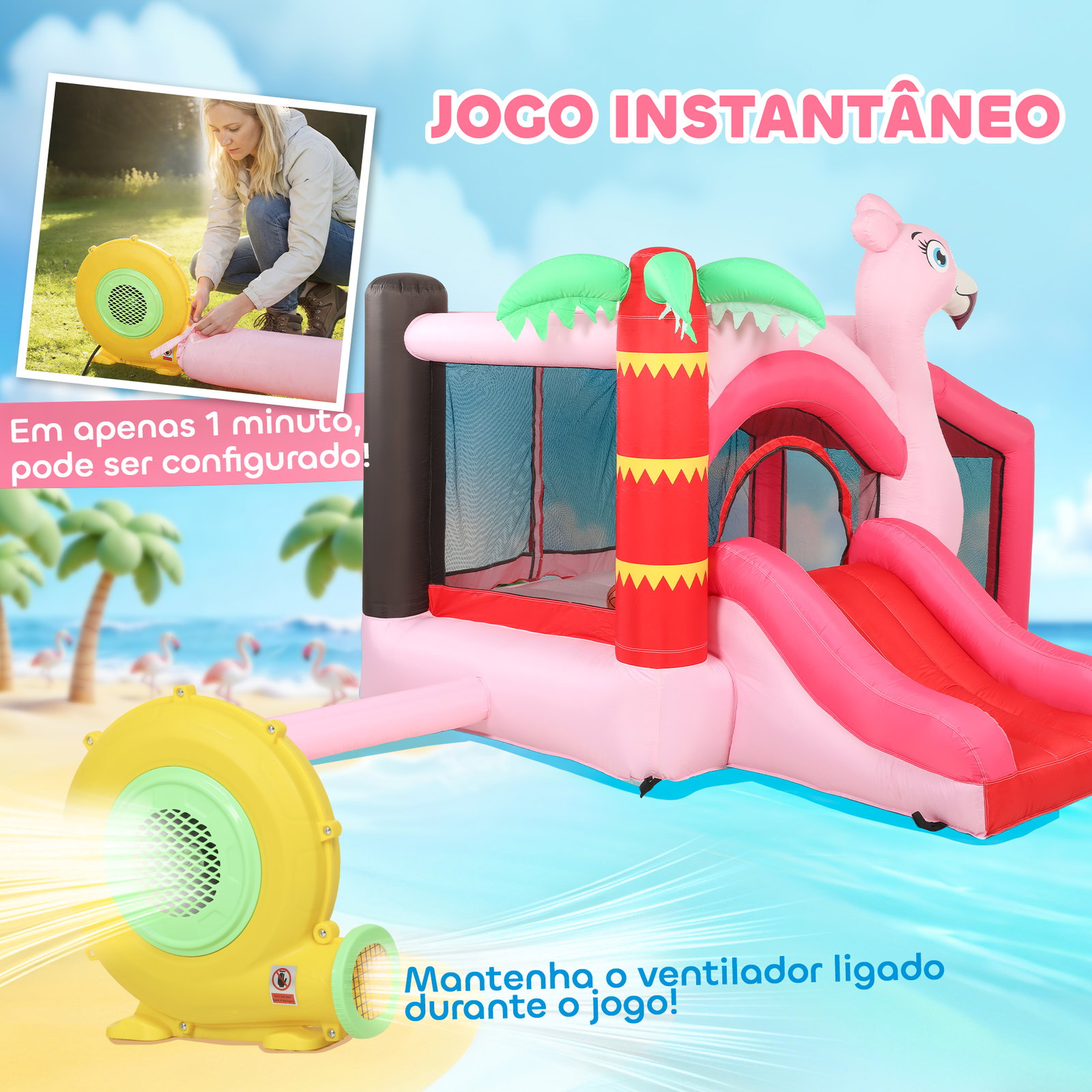 Castelo insuflável para crianças com insuflador escorrega cama elástica piscina de bolas cesto de basquetebol 255x230x196 cm rosa