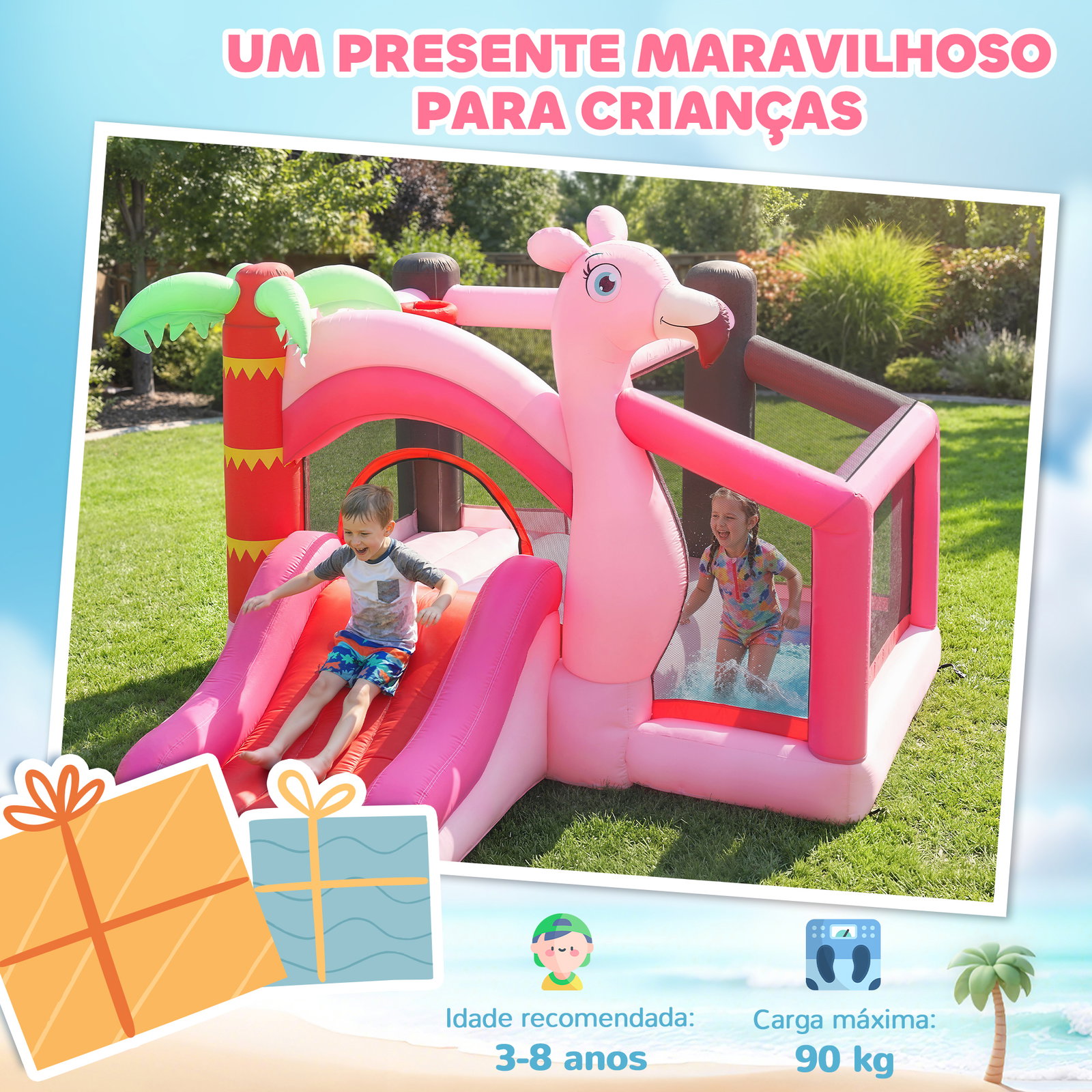 Castelo insuflável para crianças com insuflador escorrega cama elástica piscina de bolas cesto de basquetebol 255x230x196 cm rosa