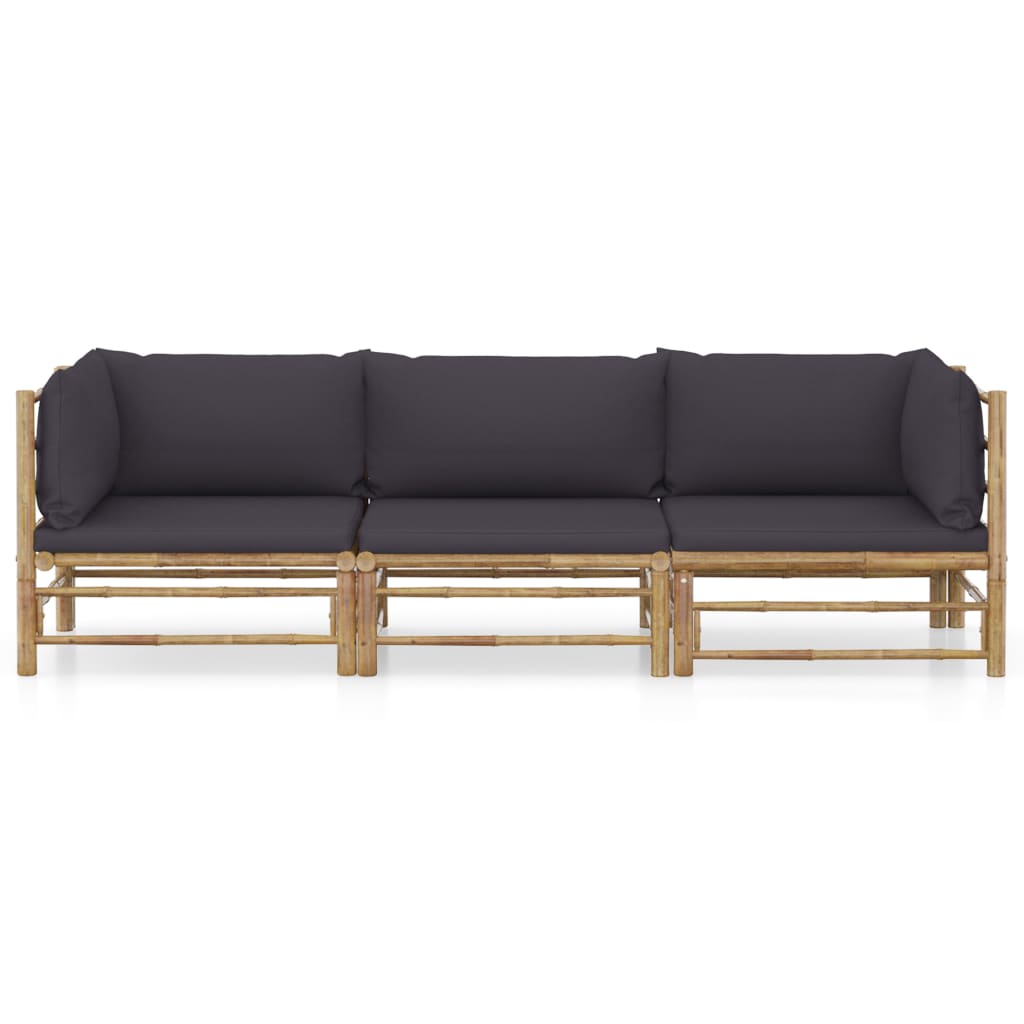 3 Pcs conj. lounge jardim em bambu c/ almofadões cinza-escuro