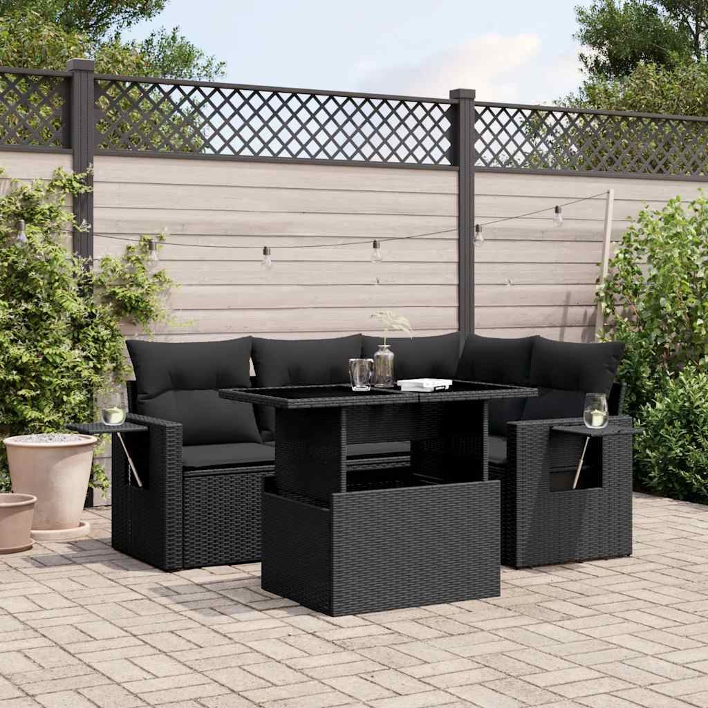 5 Pcs conjunto sofás de jardim com almofadões vime PE preto