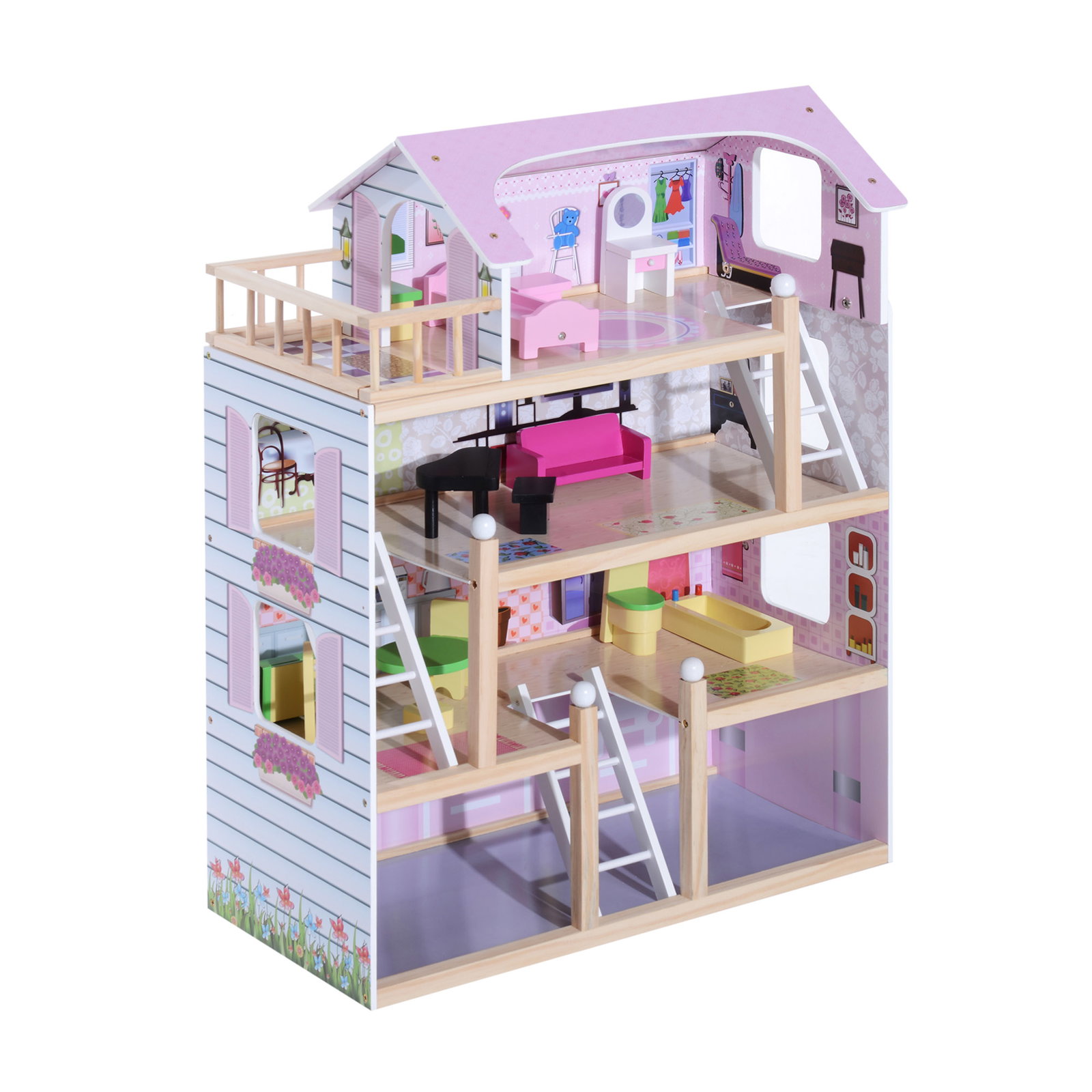 Casa de bonecas com móveis e 4 andares casa de bonecas com 13 acessórios brinquedo de imitação 60,5x30x80,5cm rosa