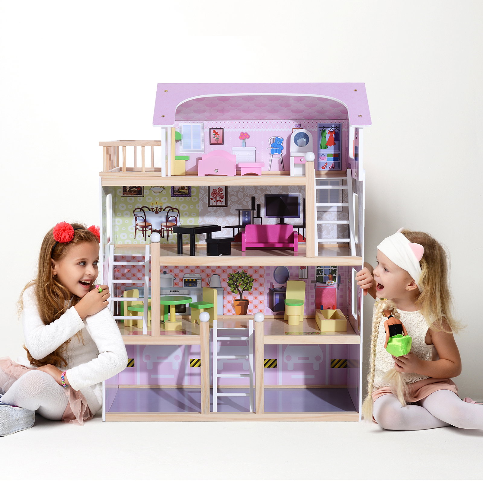 Casa de bonecas com móveis e 4 andares casa de bonecas com 13 acessórios brinquedo de imitação 60,5x30x80,5cm rosa
