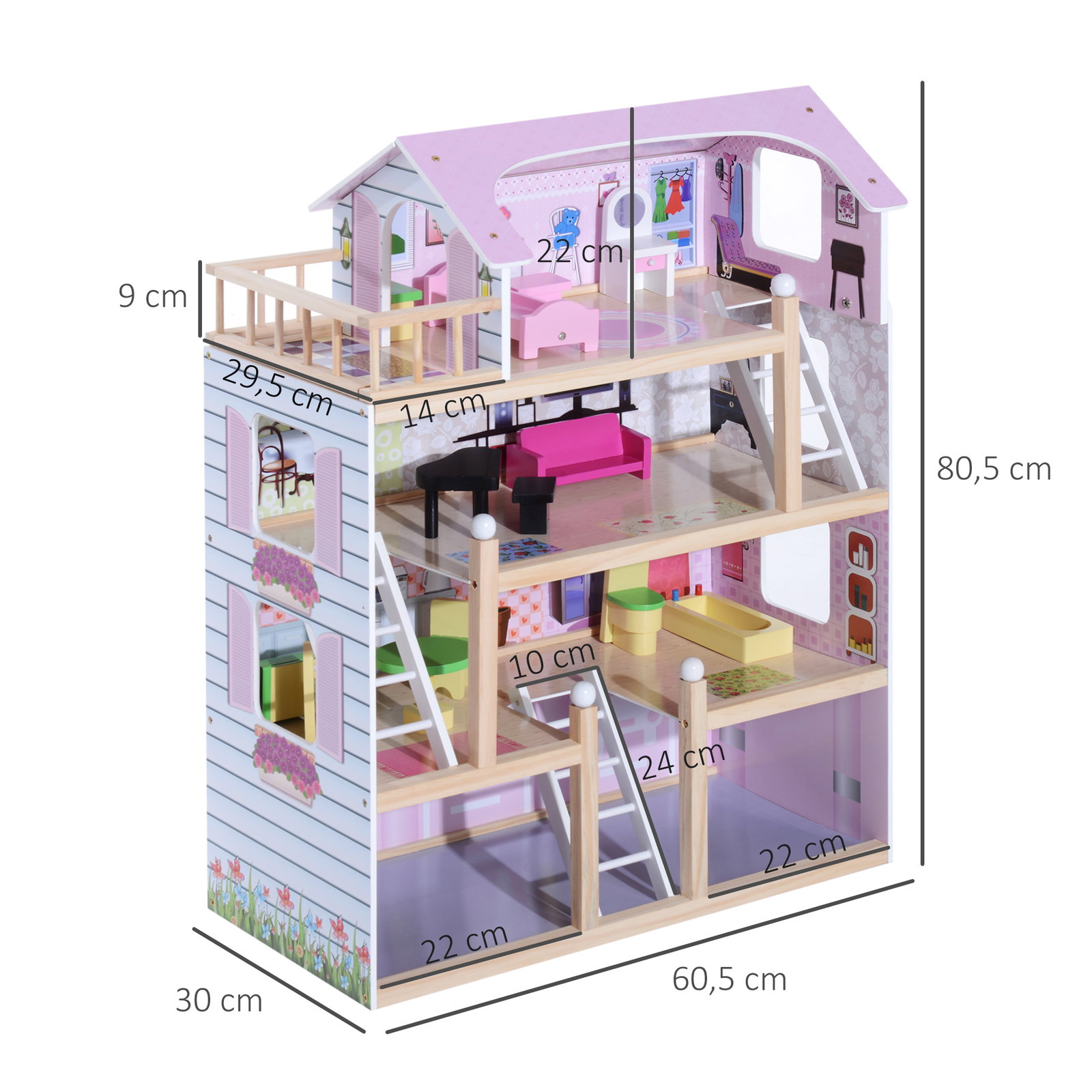 Casa de bonecas com móveis e 4 andares casa de bonecas com 13 acessórios brinquedo de imitação 60,5x30x80,5cm rosa
