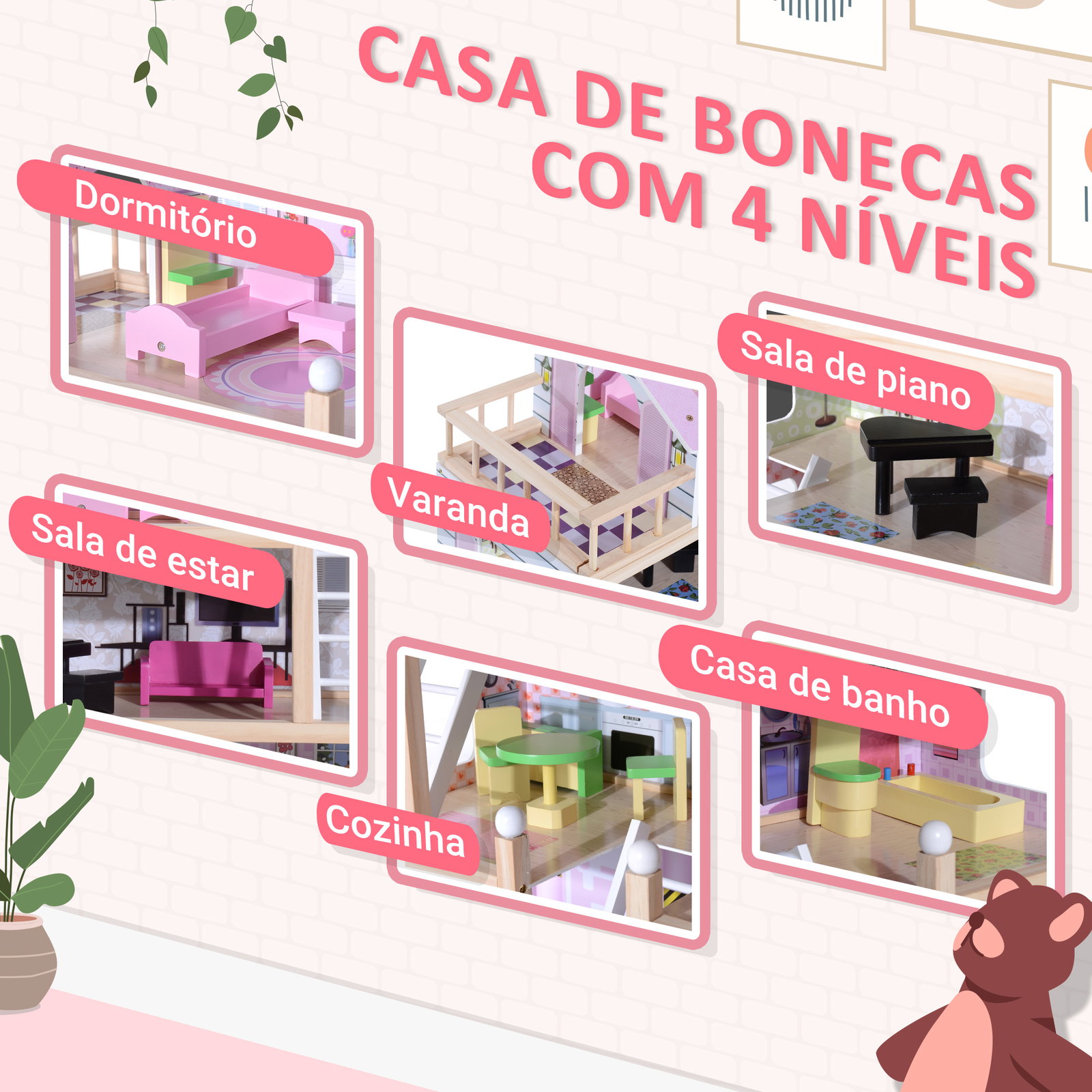 Casa de bonecas com móveis e 4 andares casa de bonecas com 13 acessórios brinquedo de imitação 60,5x30x80,5cm rosa