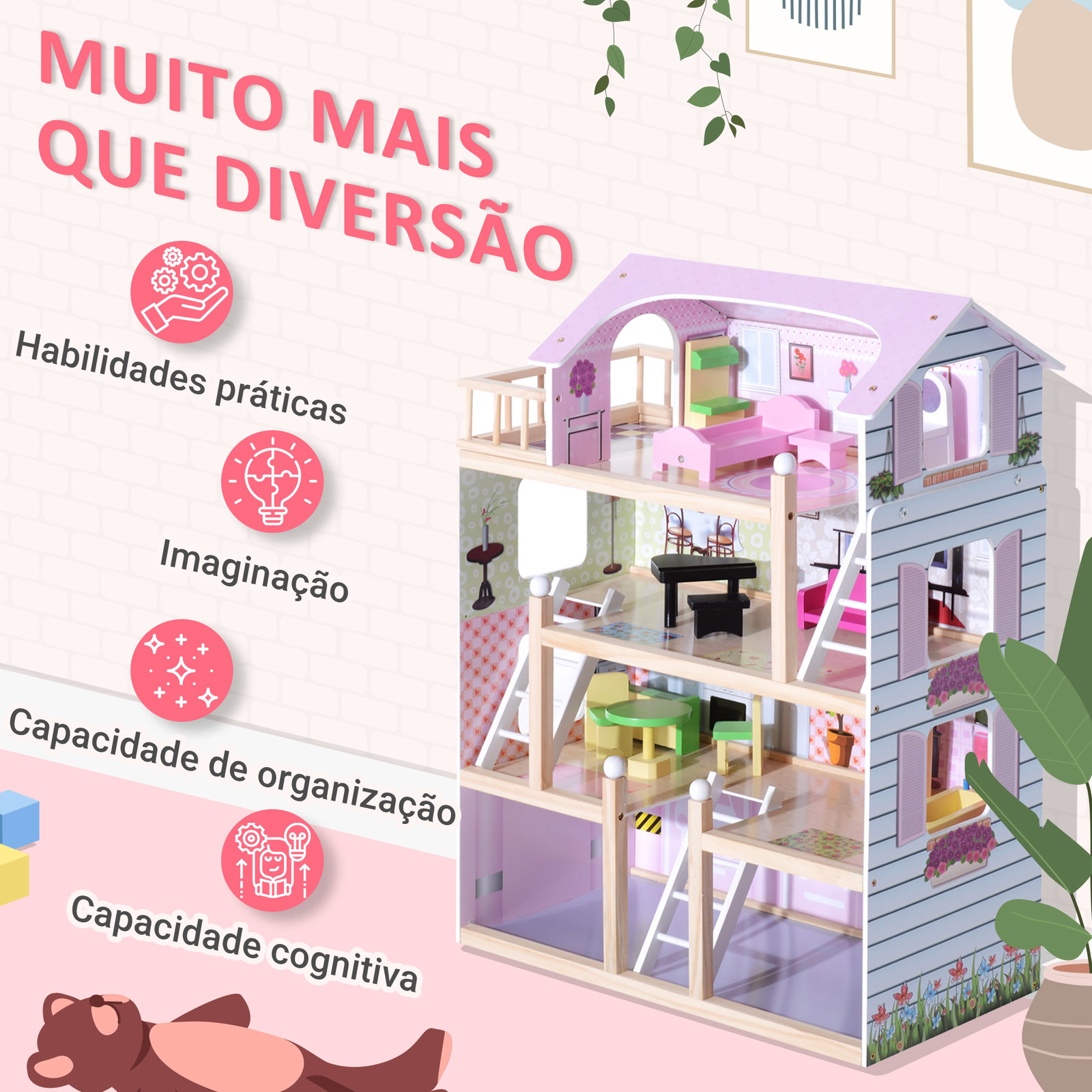 Casa de bonecas com móveis e 4 andares casa de bonecas com 13 acessórios brinquedo de imitação 60,5x30x80,5cm rosa