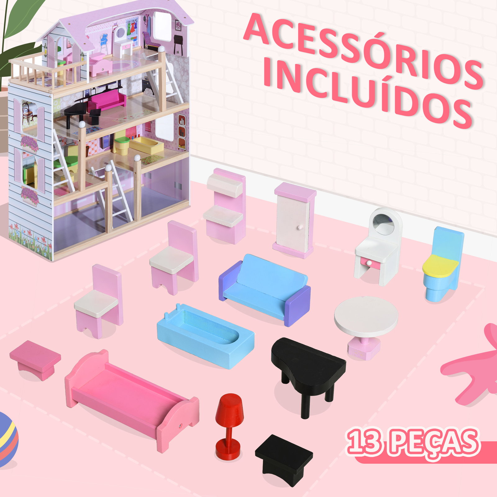 Casa de bonecas com móveis e 4 andares casa de bonecas com 13 acessórios brinquedo de imitação 60,5x30x80,5cm rosa