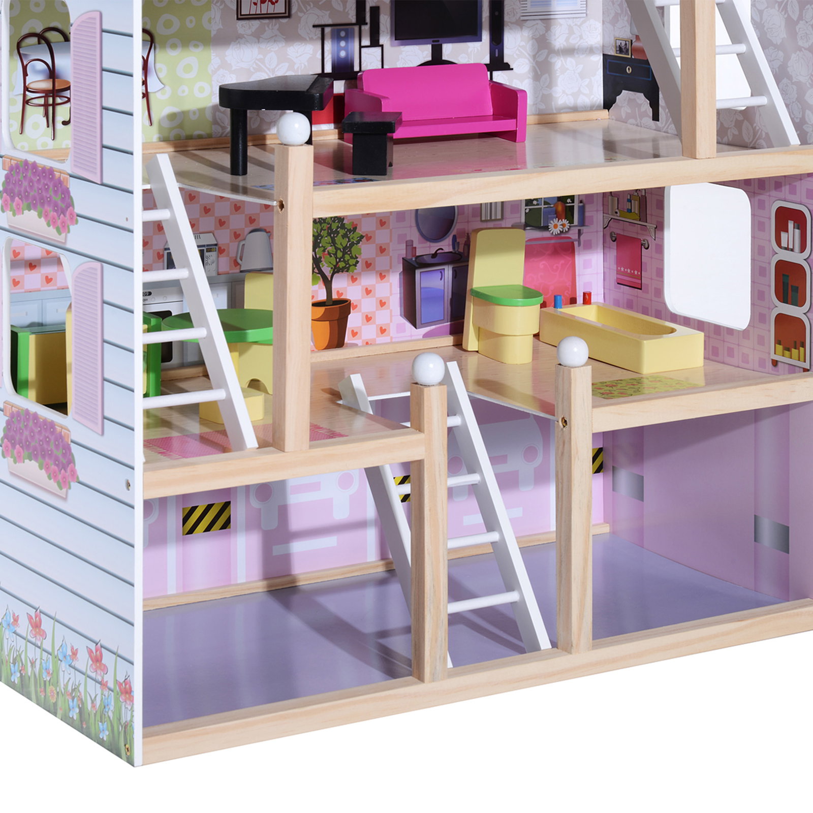 Casa de bonecas com móveis e 4 andares casa de bonecas com 13 acessórios brinquedo de imitação 60,5x30x80,5cm rosa