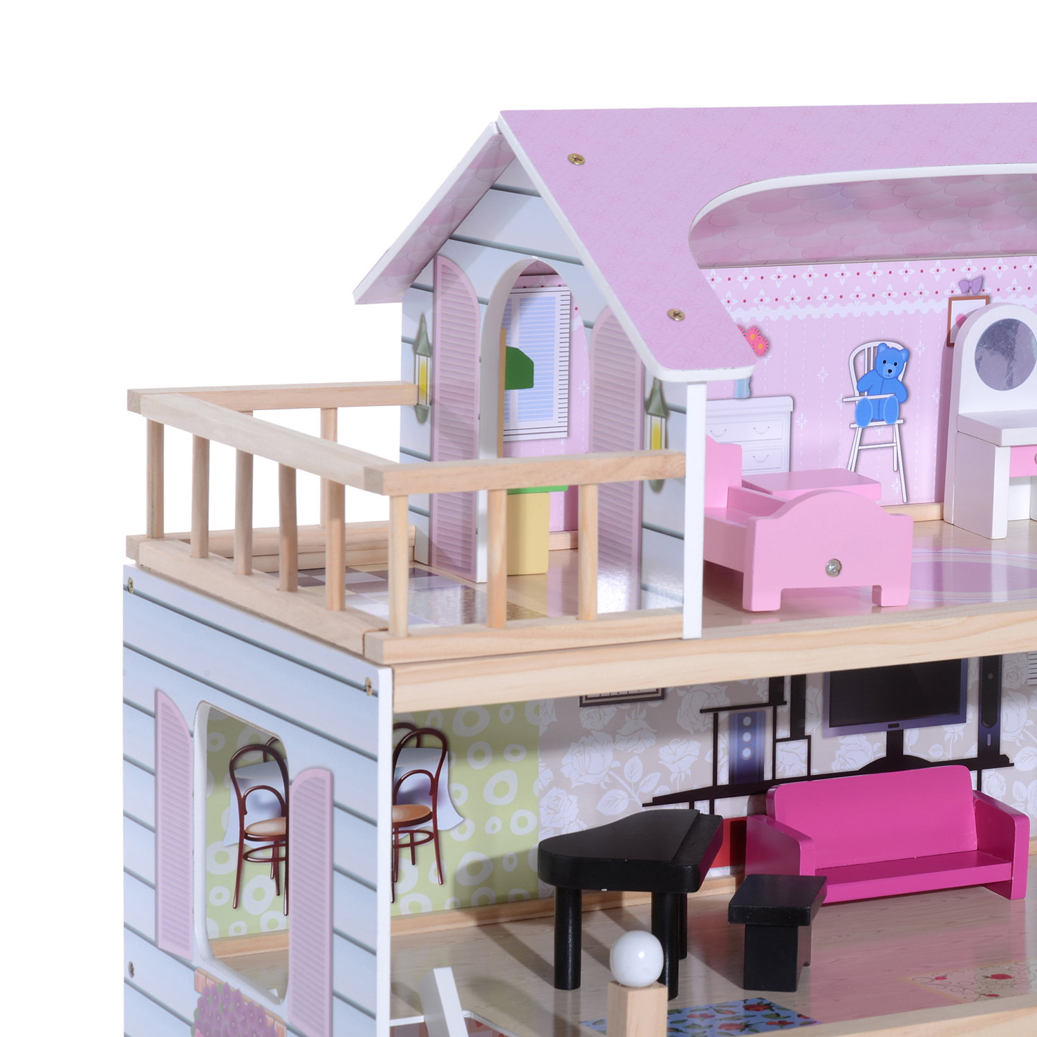 Casa de bonecas com móveis e 4 andares casa de bonecas com 13 acessórios brinquedo de imitação 60,5x30x80,5cm rosa