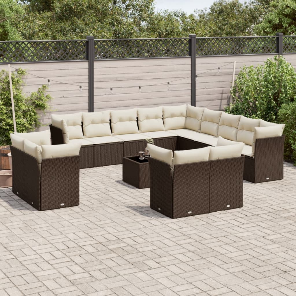 14 Pcs conjunto sofás p/ jardim c/ almofadões vime PE castanho