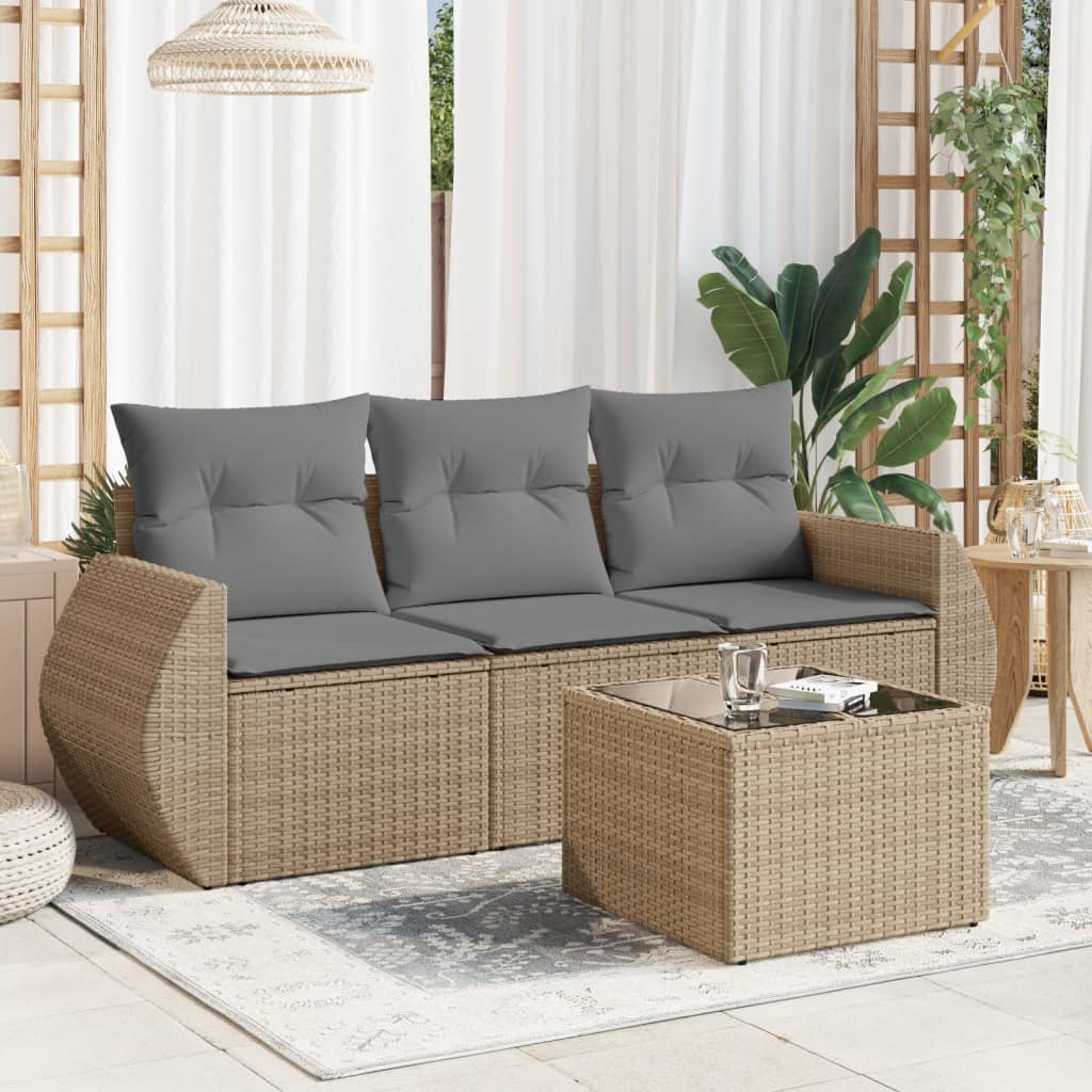 4 Pcs conjunto de sofás para jardim c/ almofadões vime PE bege