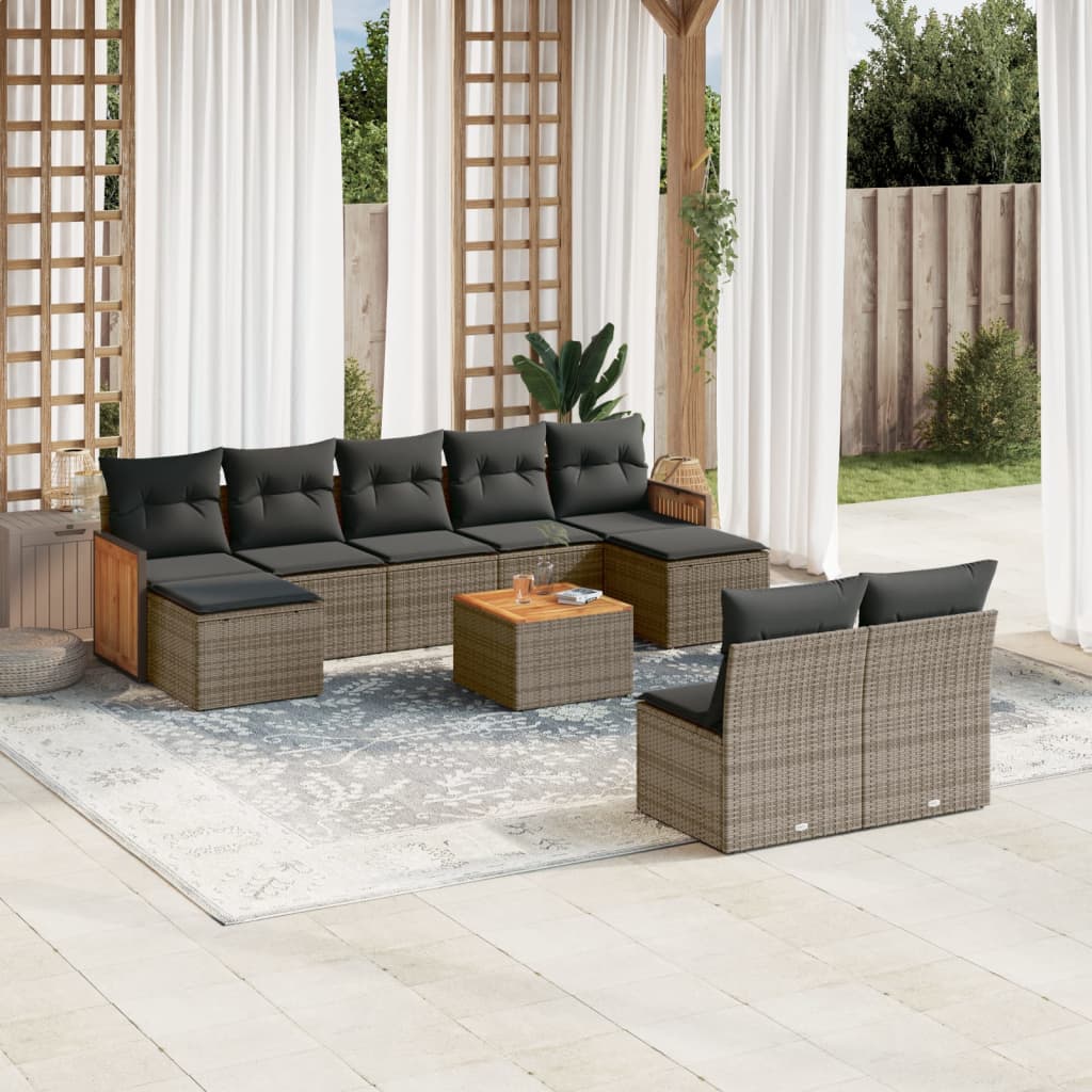 10 Pcs conjunto sofás de jardim c/ almofadões vime PE cinzento