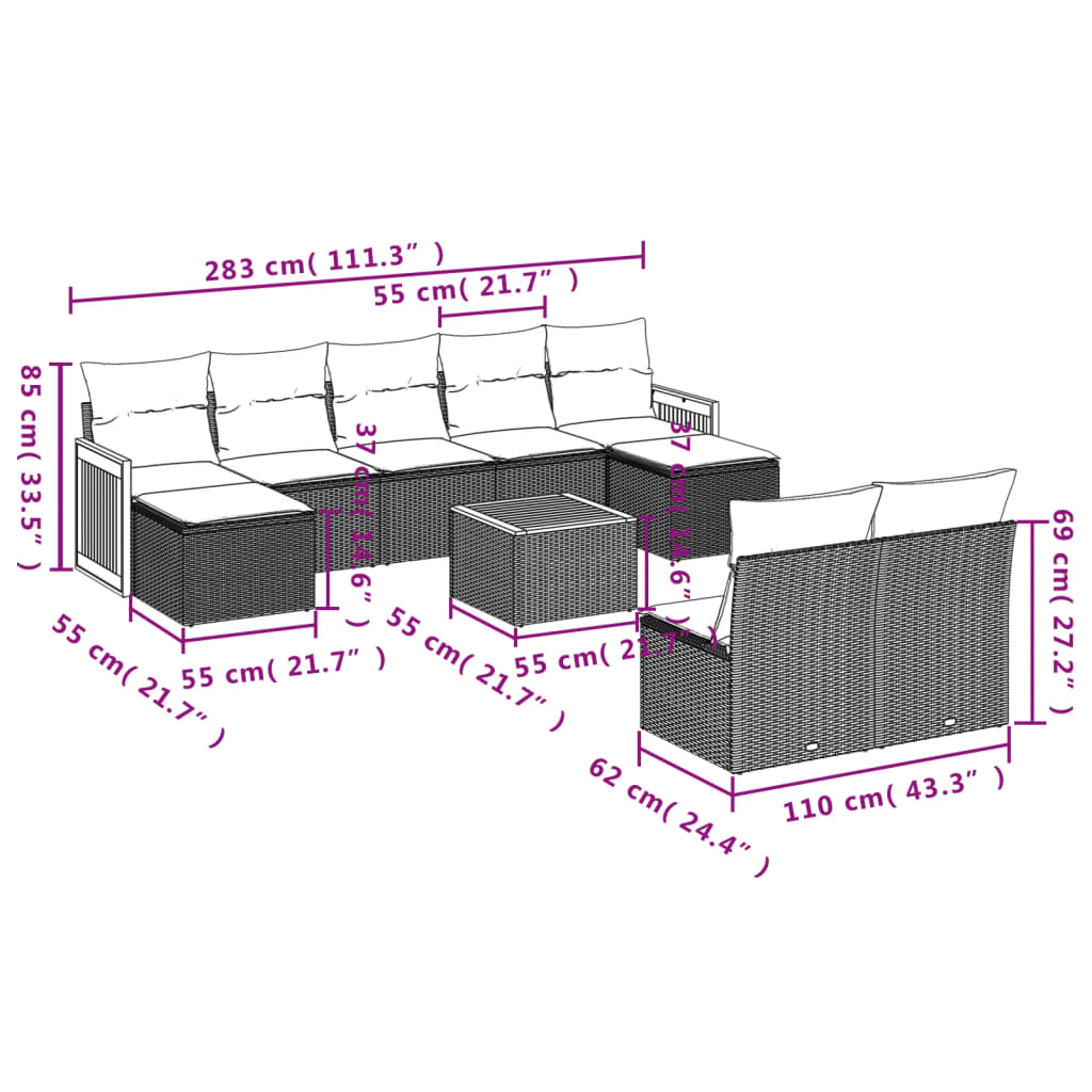 10 Pcs conjunto sofás de jardim c/ almofadões vime PE cinzento
