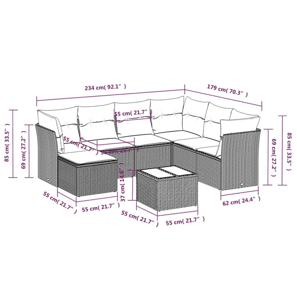 8 Pcs conjunto sofás de jardim com almofadões vime PE preto