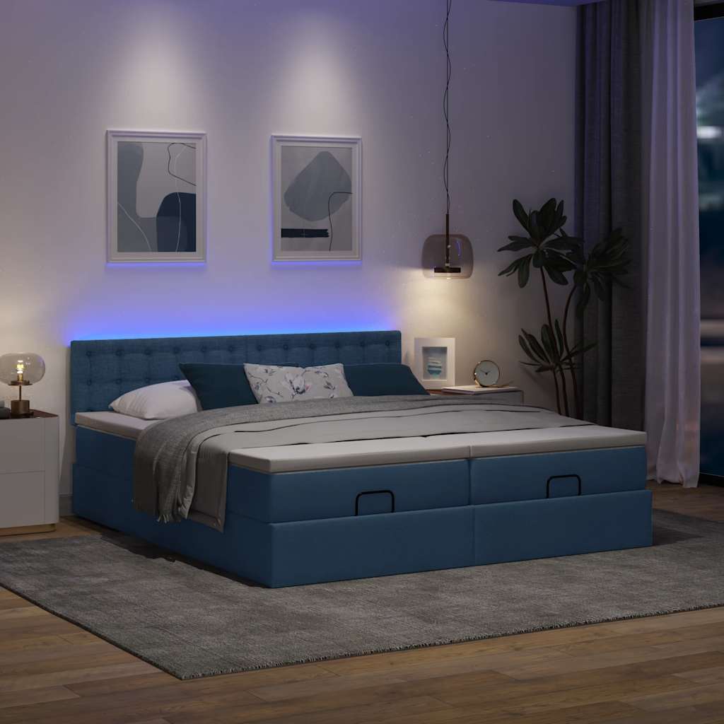 Estrutura de cama otomana com colchões 200x200cm tecido azul