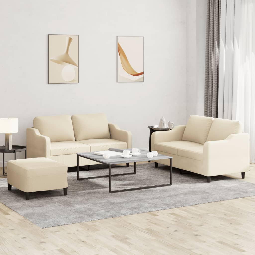 3 Pcs conjunto de sofás com almofadões tecido cor creme