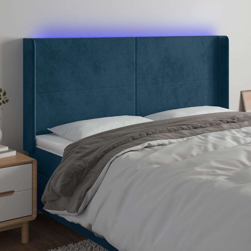Cabeceira cama c/ luzes LED veludo 163x16x118/128cm azul-escuro
