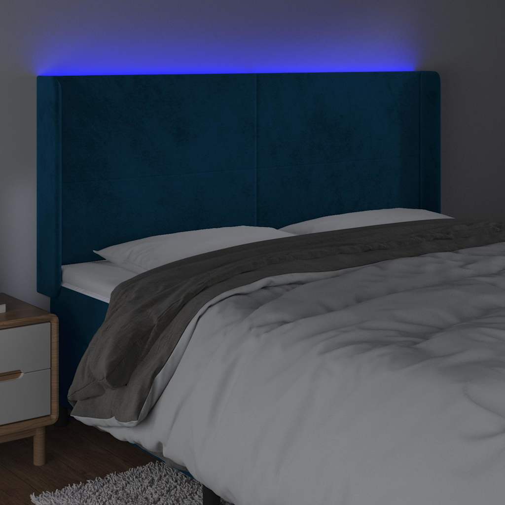 Cabeceira cama c/ luzes LED veludo 163x16x118/128cm azul-escuro