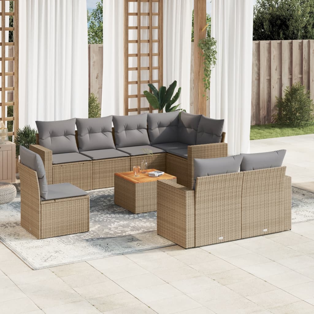9 Pcs conj. sofás jardim c/ almofadões vime PE bege misturado