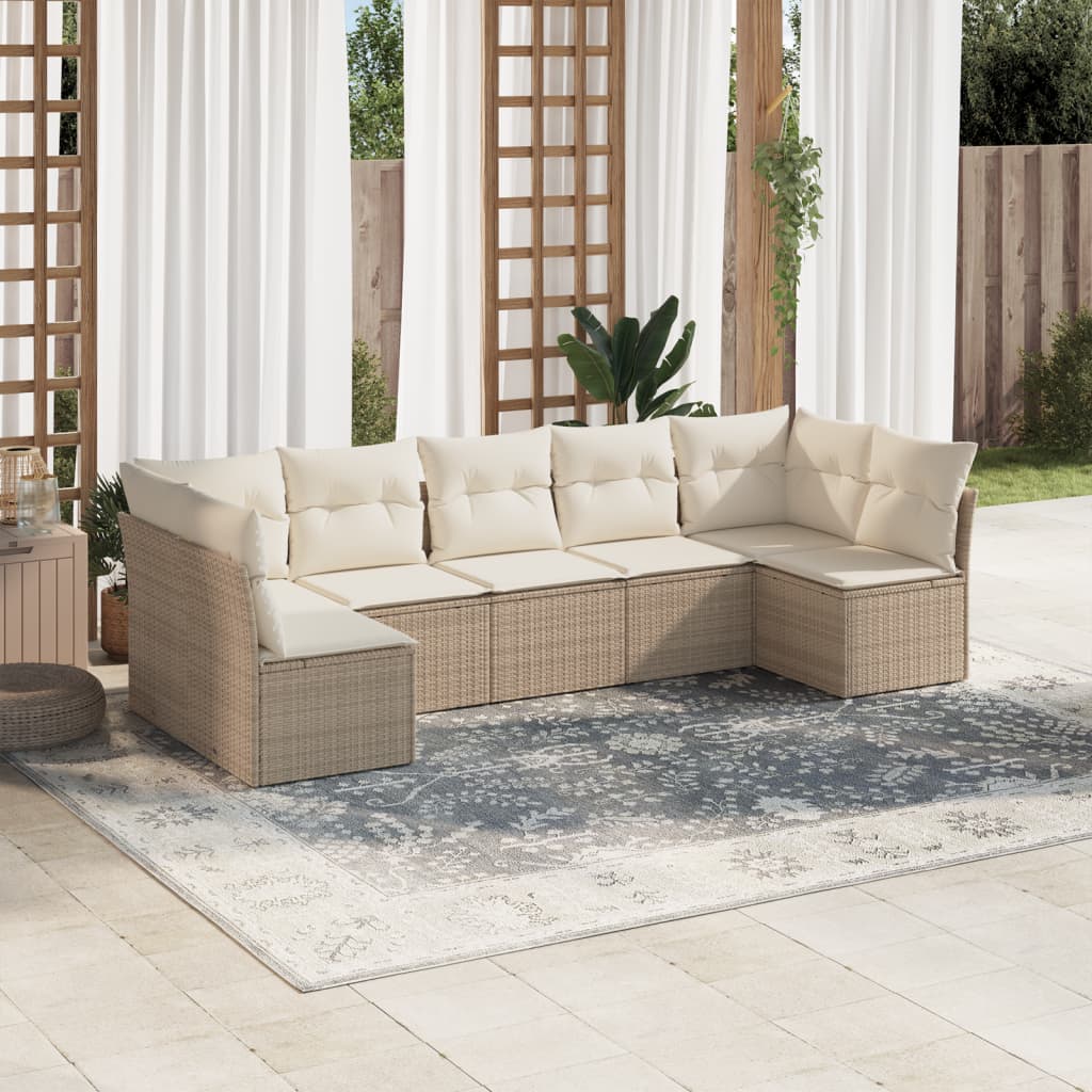 7 Pcs conjunto de sofás p/ jardim com almofadões vime PE bege