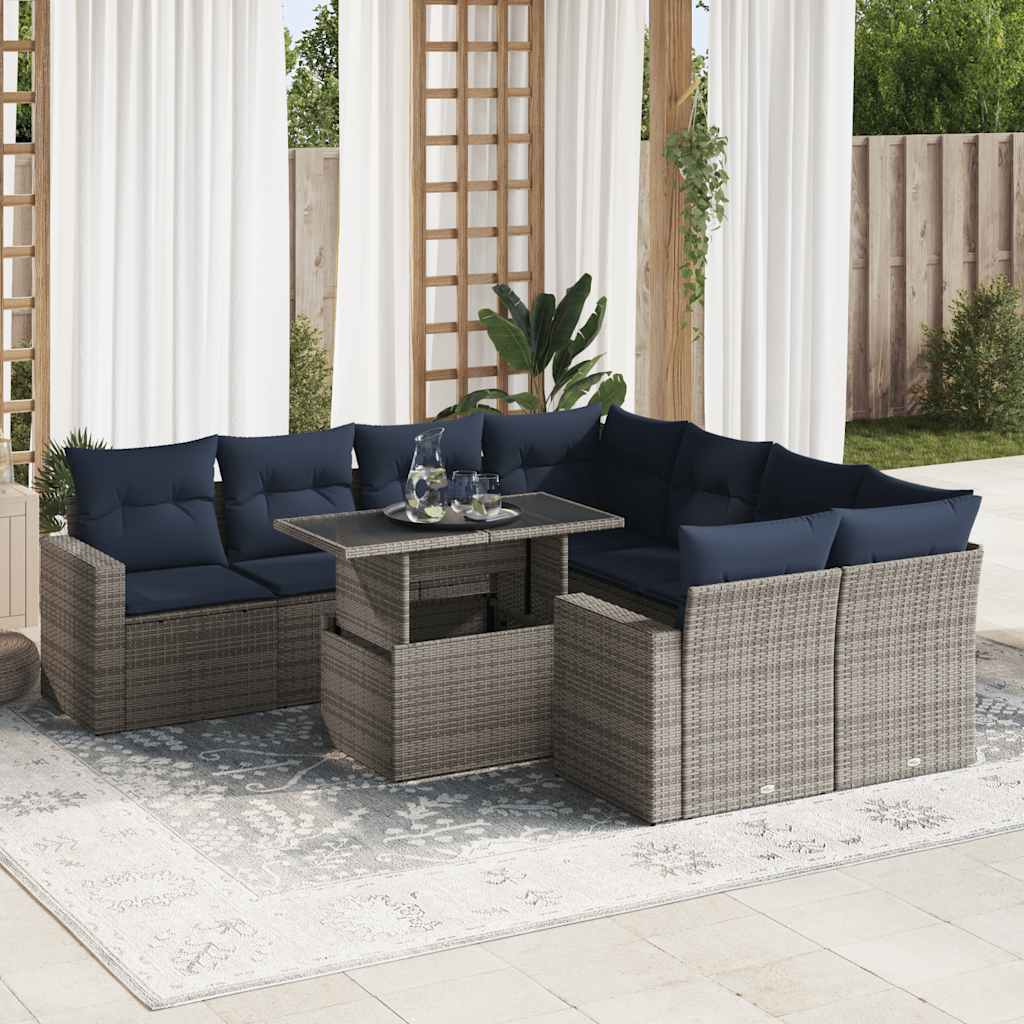 9 Pcs conjunto sofás jardim almofadões vime PE/acácia cinzento