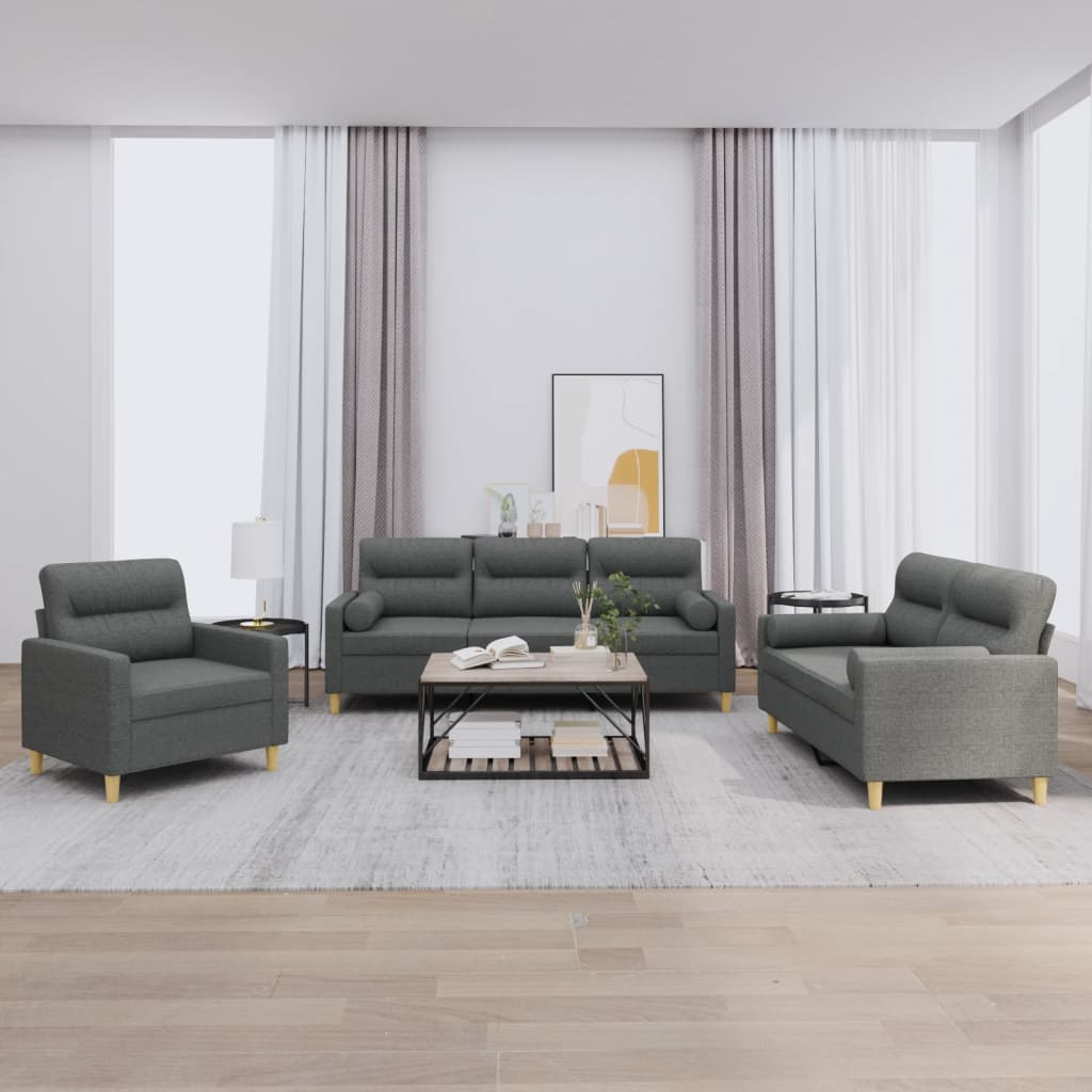 3 Pcs conjunto de sofás com almofadas tecido cinzento-escuro