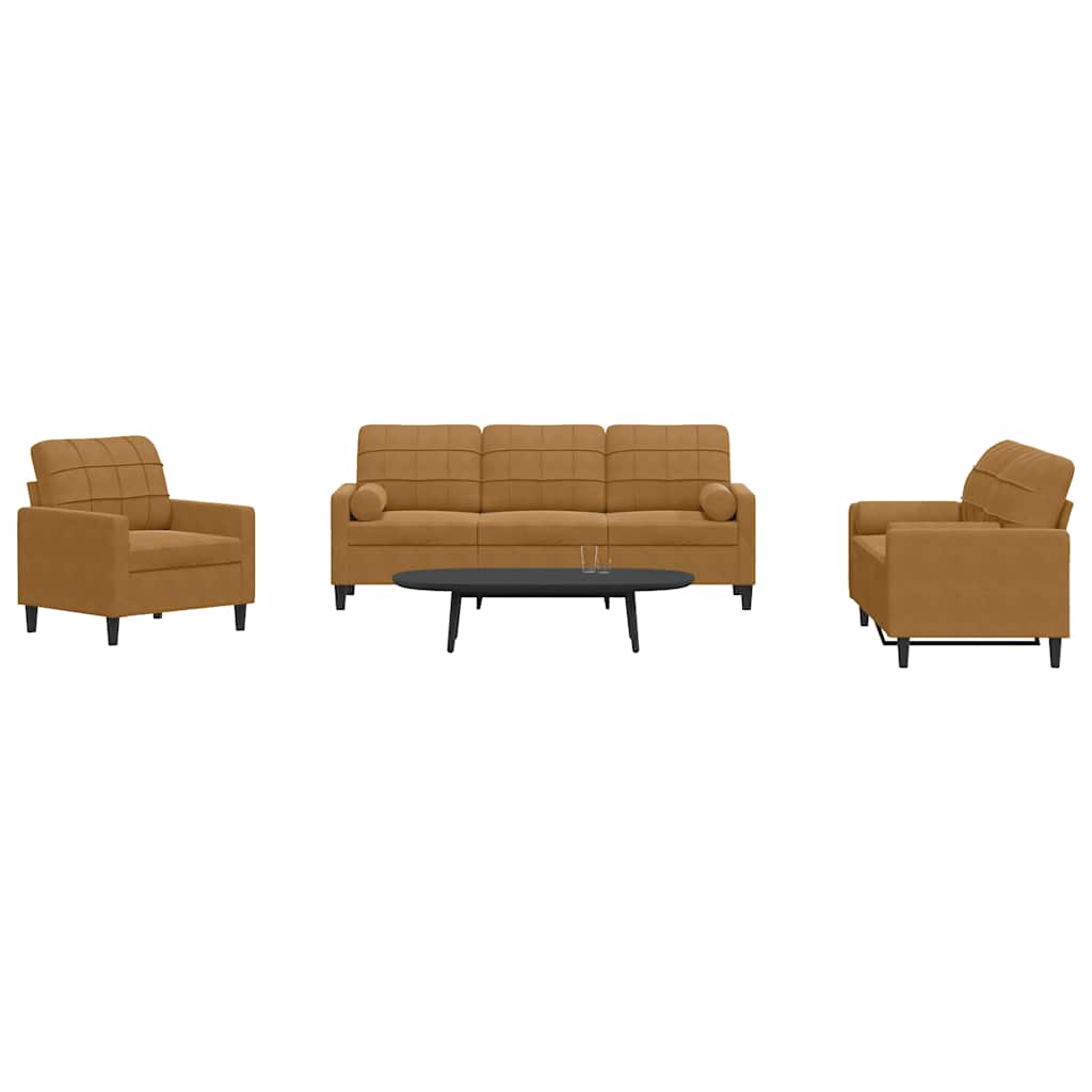 3 Pcs conjunto de sofás com almofadões e rolos veludo castanho