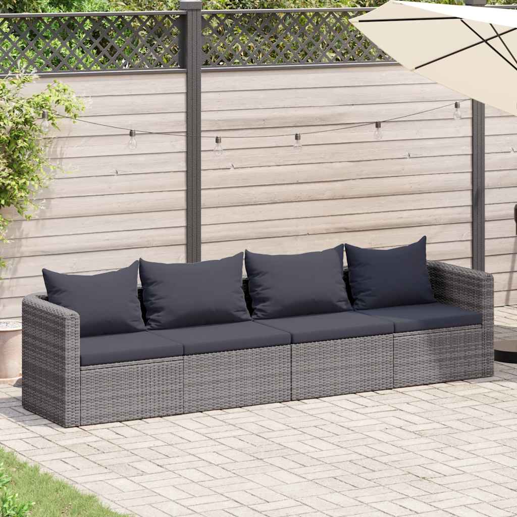 4 Pcs conjunto sofás de jardim c/ almofadões vime PE cinzento