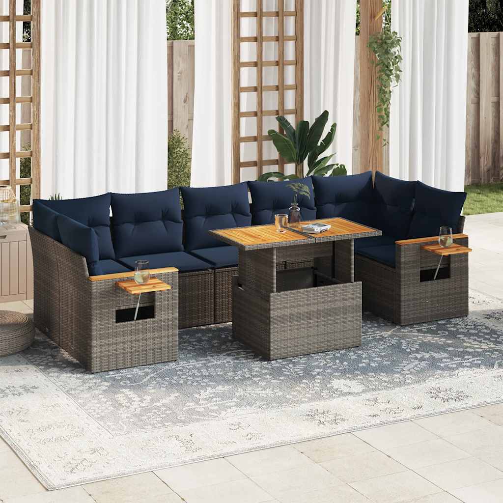 8 Pcs conjunto sofás de jardim c/ almofadões vime PE cinzento