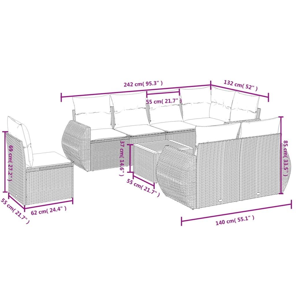 9 Pcs conjunto de sofás p/ jardim com almofadões vime PE bege