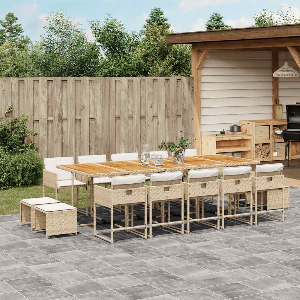 15 Pcs conjunto de jantar p/ jardim com almofadões vime PE bege