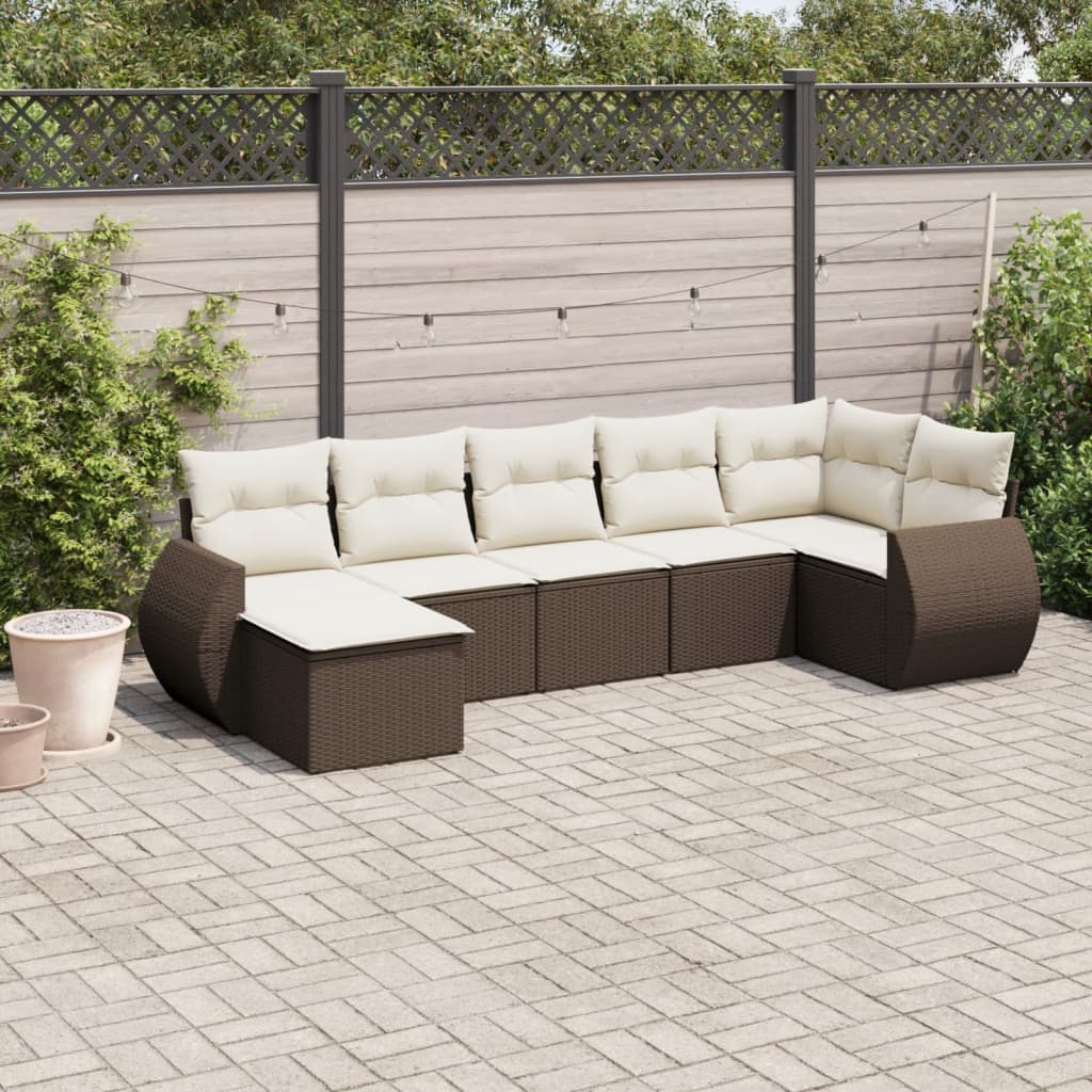 7 Pcs conjunto de sofás jardim c/ almofadões vime PE castanho