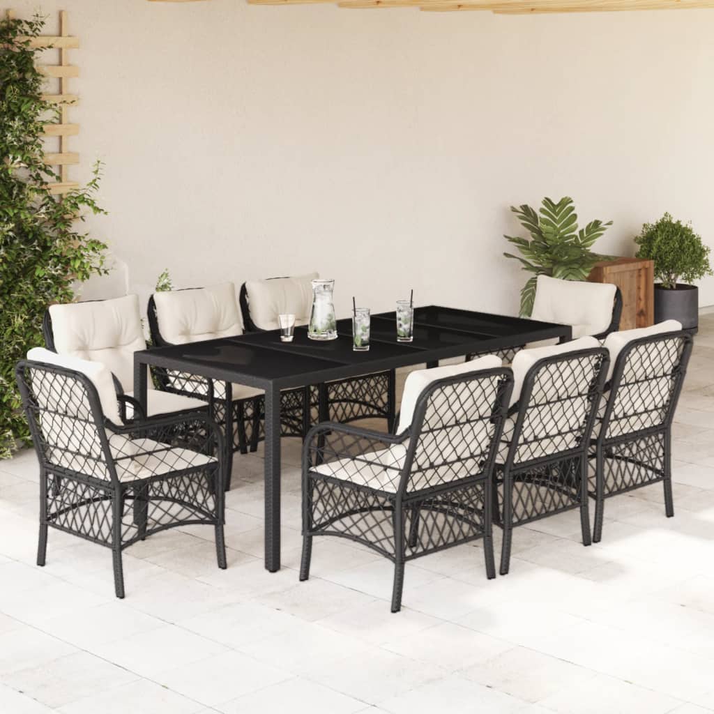 9 Pcs conjunto de jantar p/ jardim c/ almofadões vime PE preto
