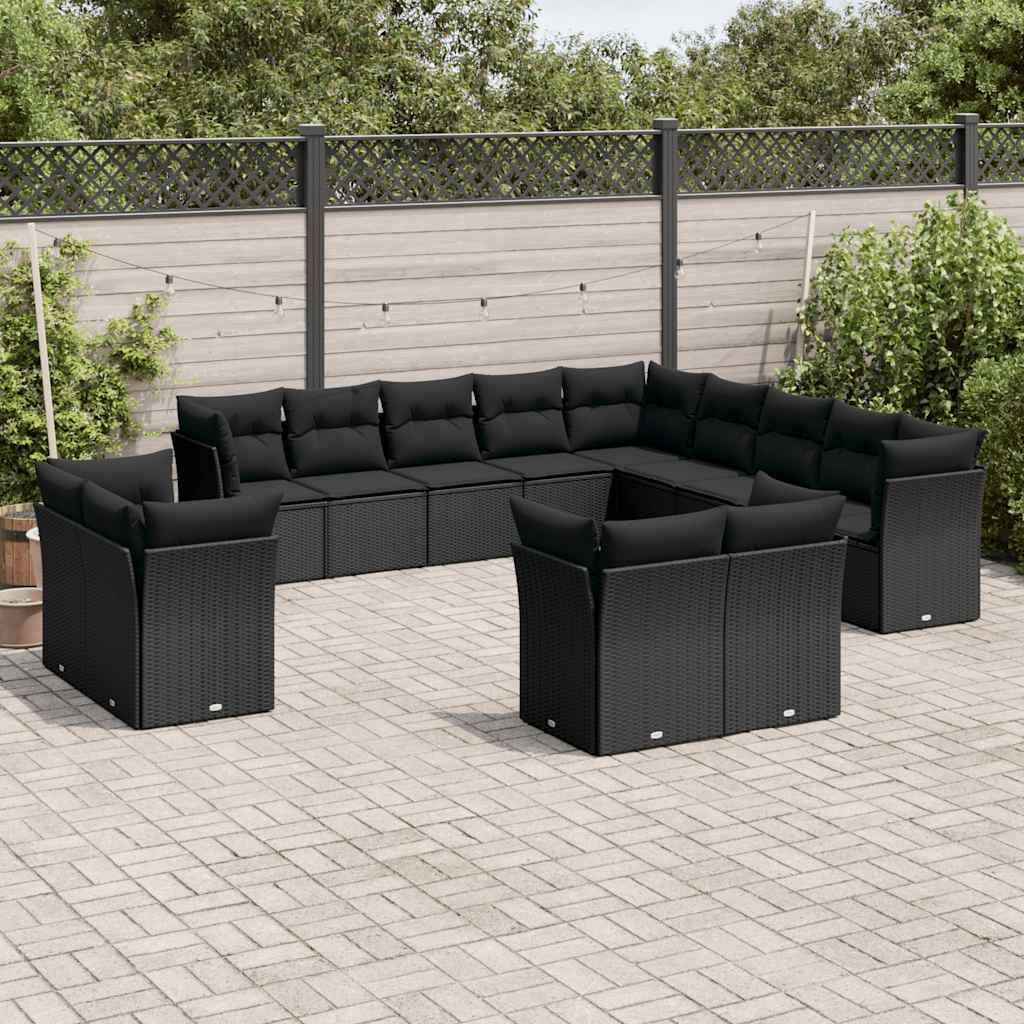 13 Pcs conjunto de sofás de jardim com almofadões vime PE preto