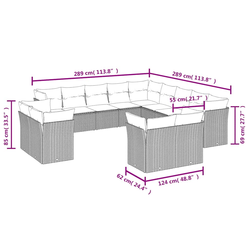 13 Pcs conjunto de sofás de jardim com almofadões vime PE preto
