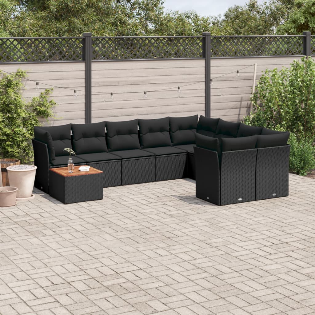 10 Pcs conjunto sofás de jardim c/ almofadões vime PE preto