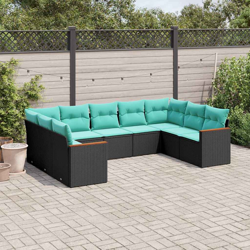 Conjunto de sofá de jardim de 9 peças com almofadas em rattan sintético preto