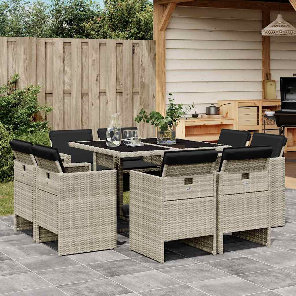 9 Pcs conjunto de jantar p/ jardim c/ almofadões cinzento claro
